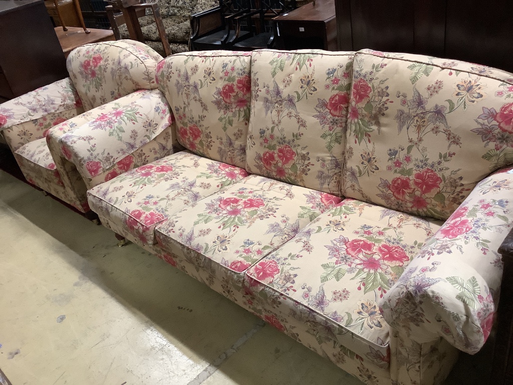 A contemporary Victorian style upholstered three seater settee and matching armchair, settee width 22cm depth 90cm height 100cm